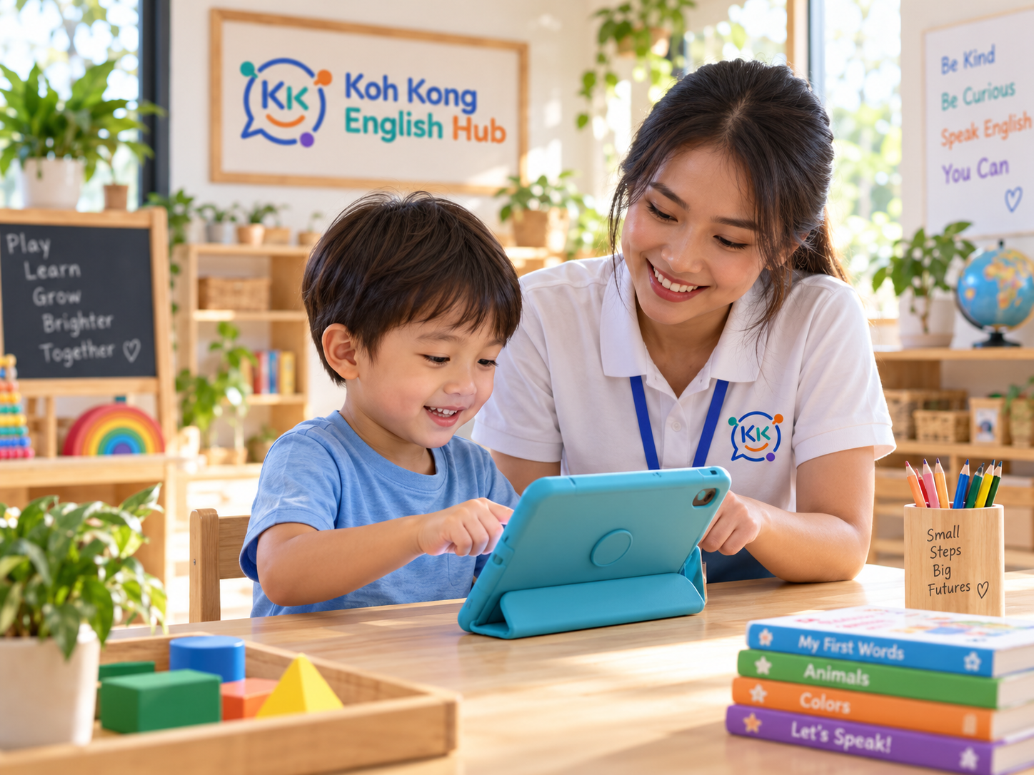 Teacher guiding children in an age-appropriate AI-assisted English activity using a tablet