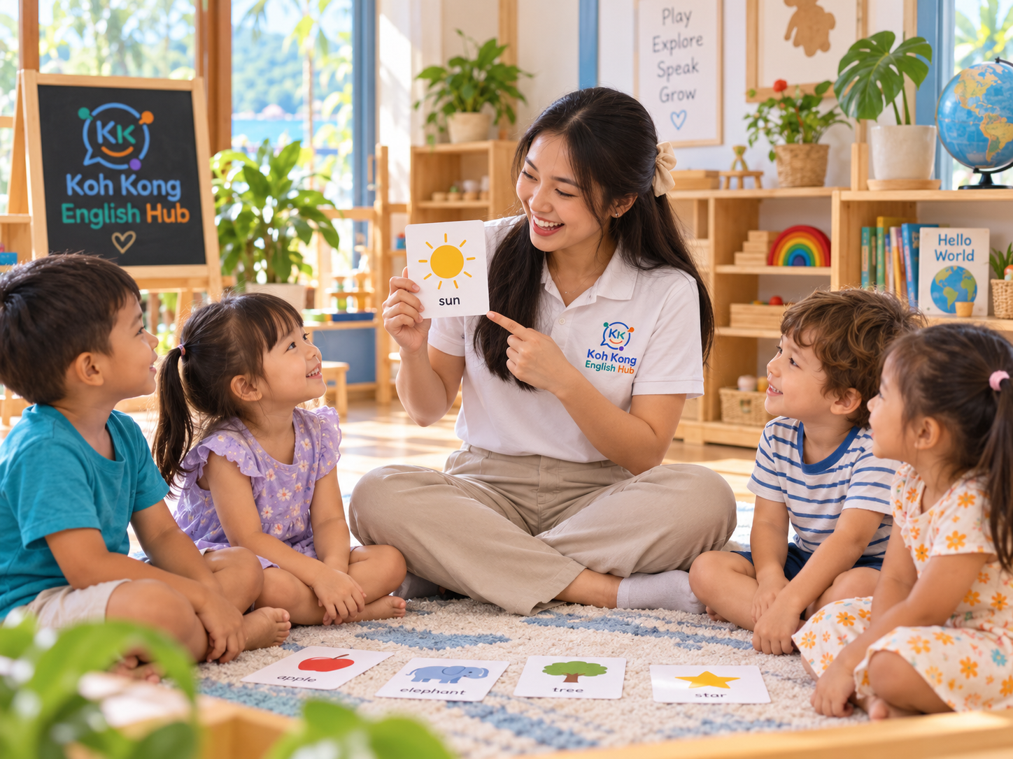 Teacher leading an English circle-time activity with picture cards