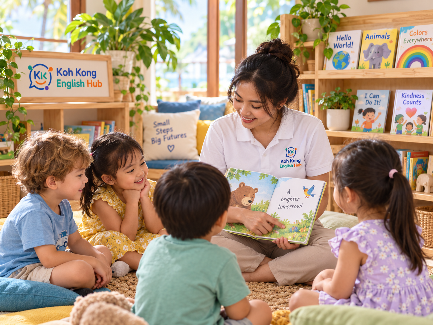 Teacher sharing an English story with preschool children during circle time