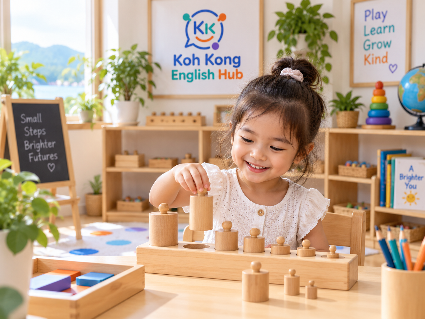 Child working with a Montessori-inspired cylinder block activity