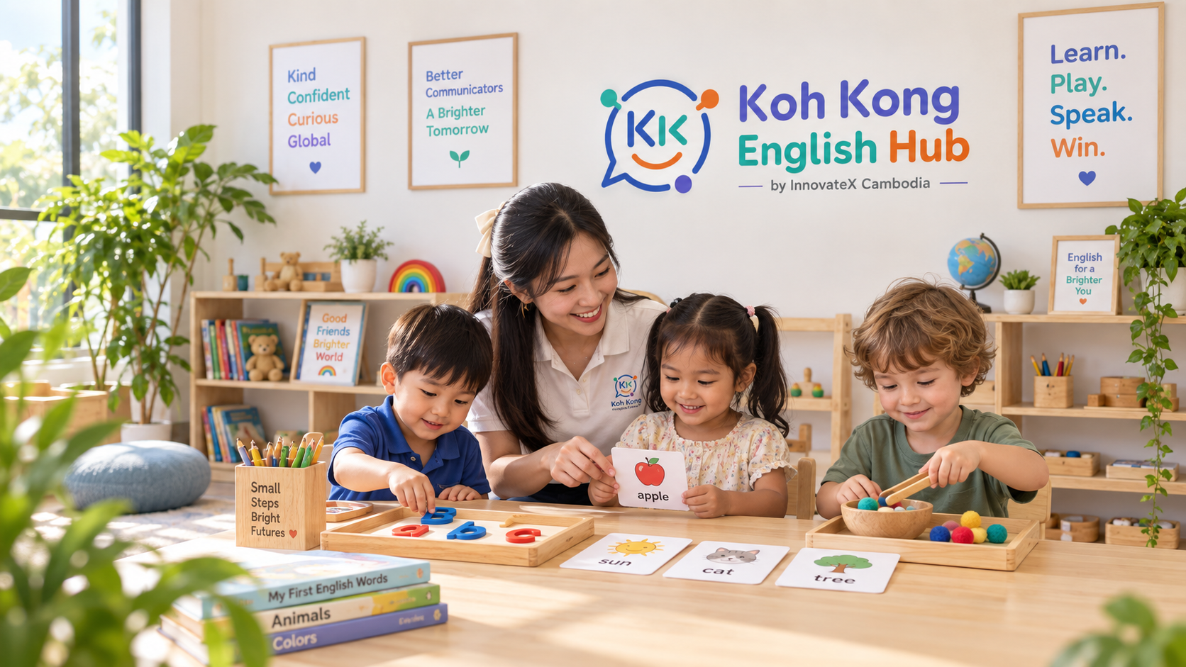 Small group of children learning English together with hands-on materials