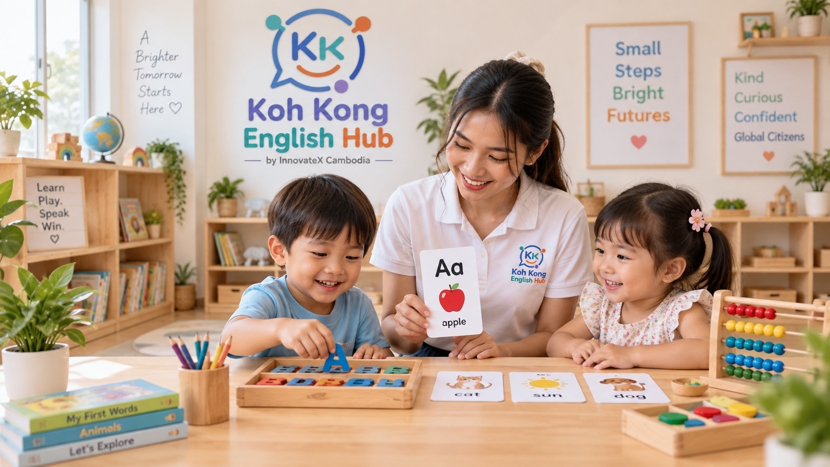 Teacher guiding young children through a hands-on English learning activity