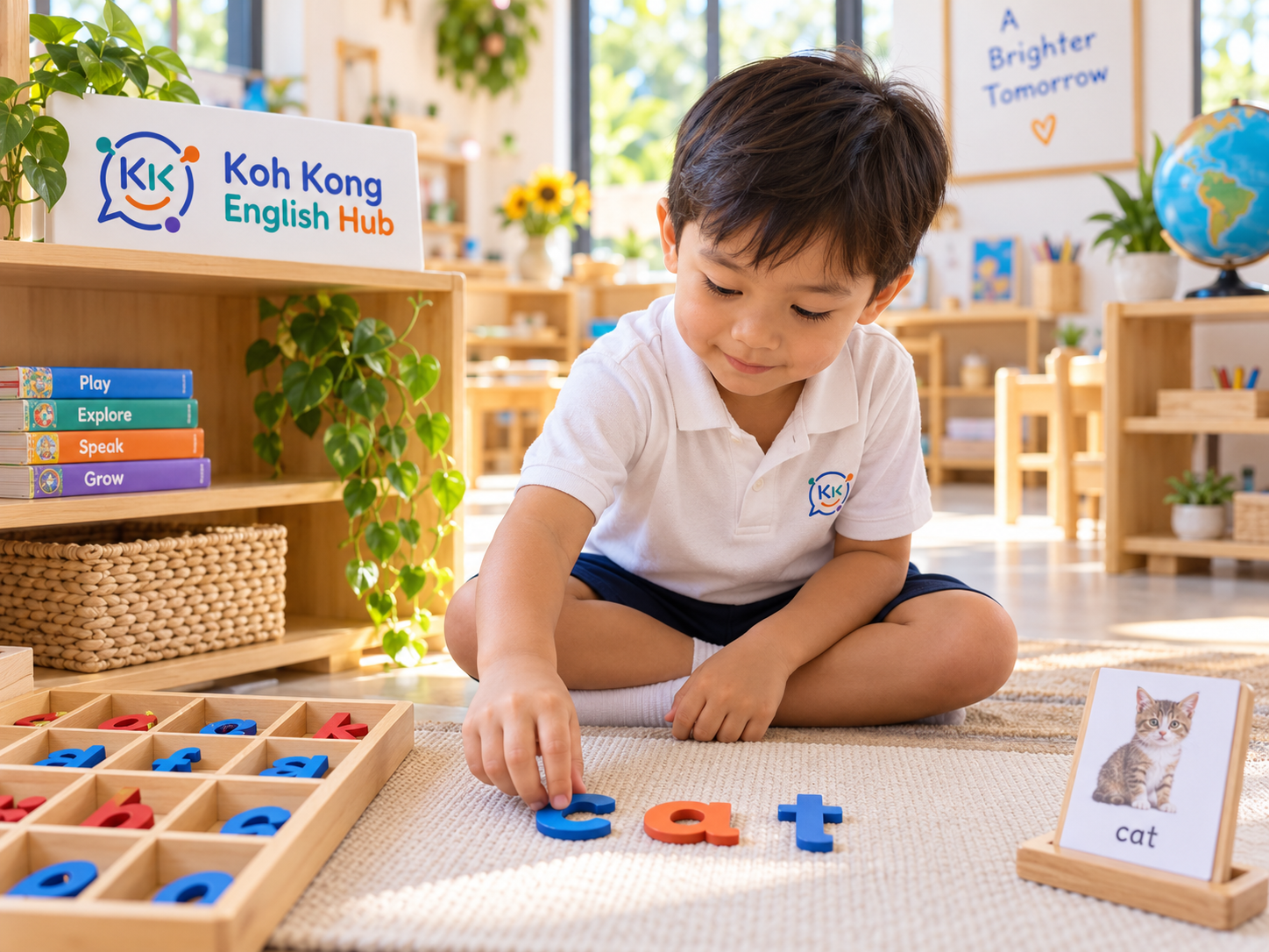 Children practicing phonics with hands-on letter matching materials