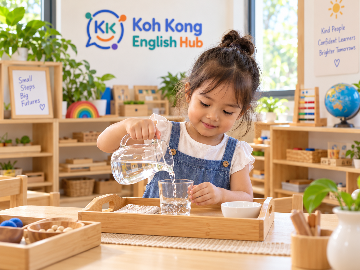 Child practicing a Montessori-inspired practical life pouring activity